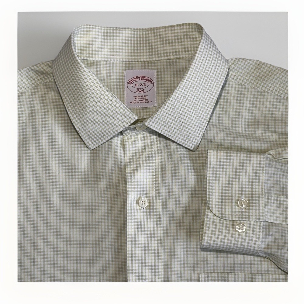 Brooks Brothers Dress Shirt Mens 16-2/3 Button Up Green White Check 346 No Iron